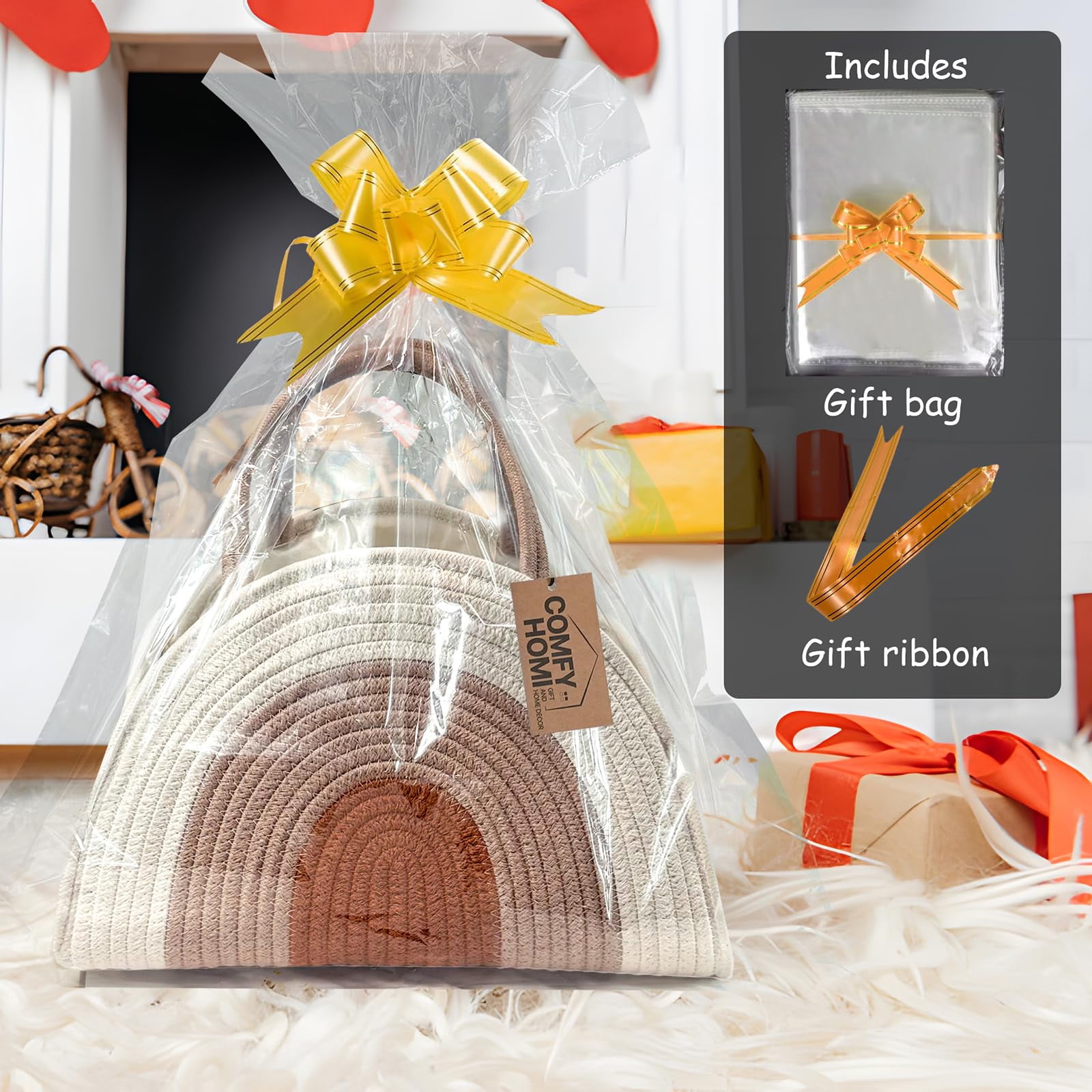 Diaper Caddy Organizer with Gift Bags and Ribbons - Sturdy Cotton Rope Basket for Baby Girl & Boy Newborn Essentials, Large Baby Gift Bag, Nursery Storage Caddy with Handles (white Brown)