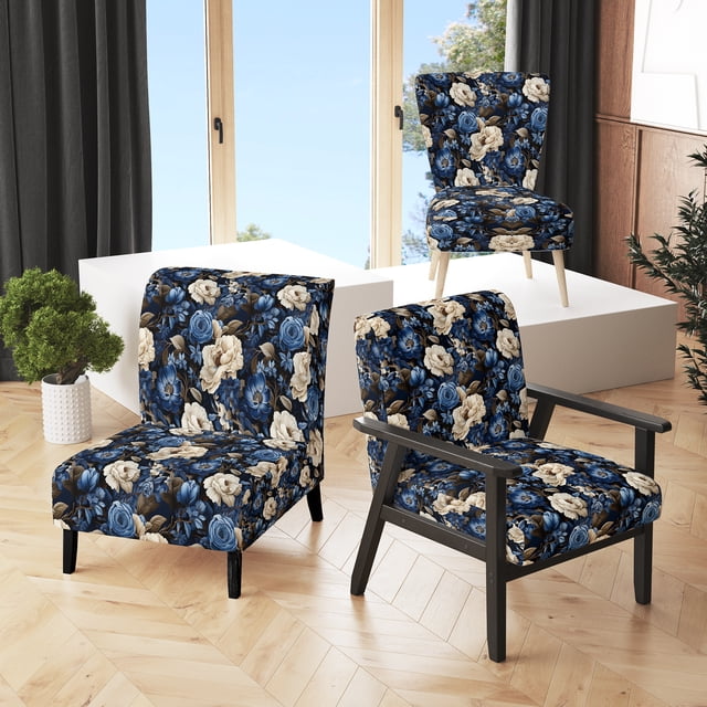 Designart "Roses Of Cobalt Blue Renaissance III" Blue Rose Pattern Upholstered Accent Chair - Cottage Arm Chair For Bedroom