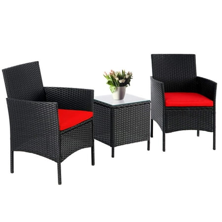 SUNCROWN 3-Piece Patio Outdoor Bistro Furniture Set All-Weather Black Wicker Chairs and Glass Side Table Red Cushion
