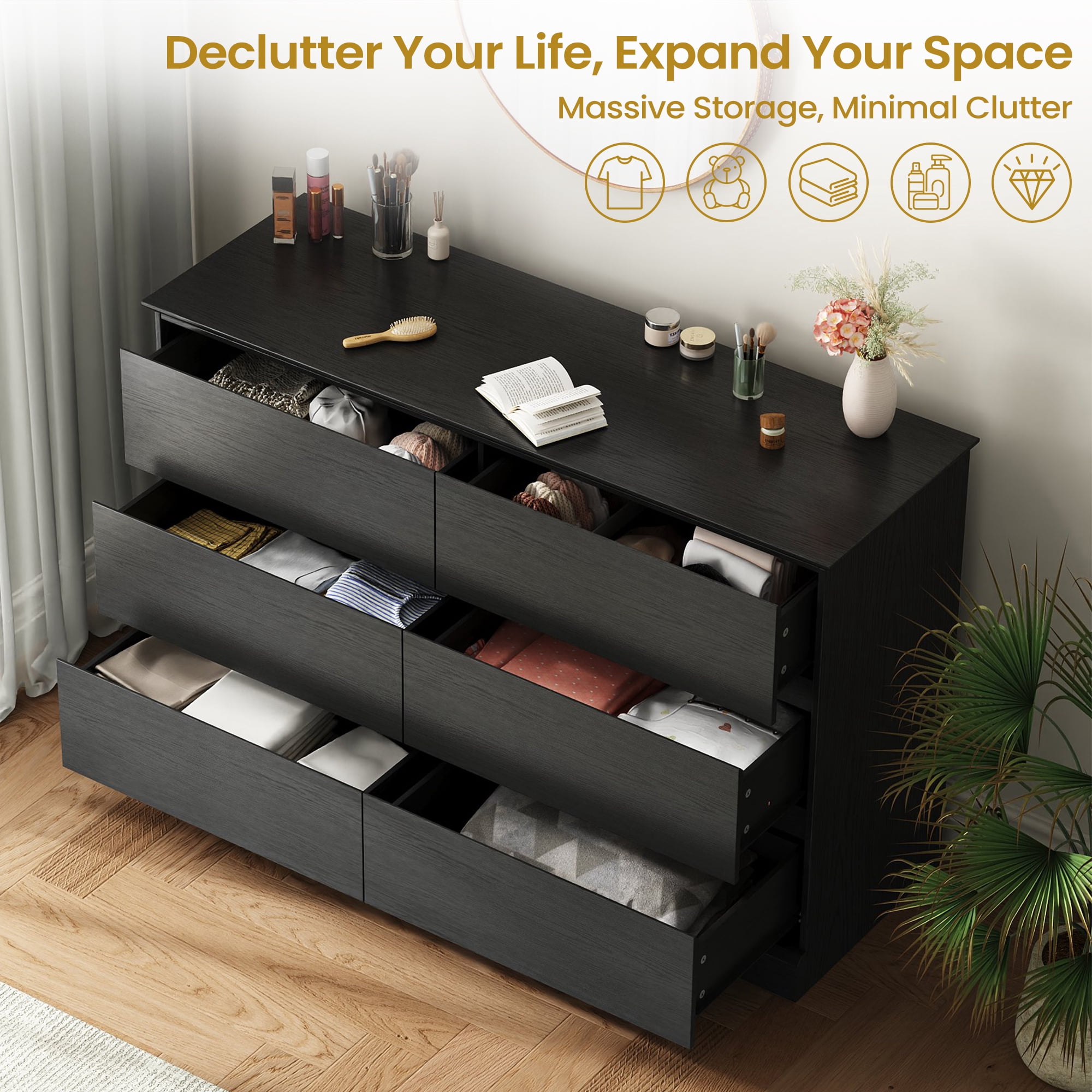 6 Drawer Dresser for Bedroom, White Dresser Double Chest of Drawers, Modern Wood Dressers with Deep Drawers for Living Room,Black