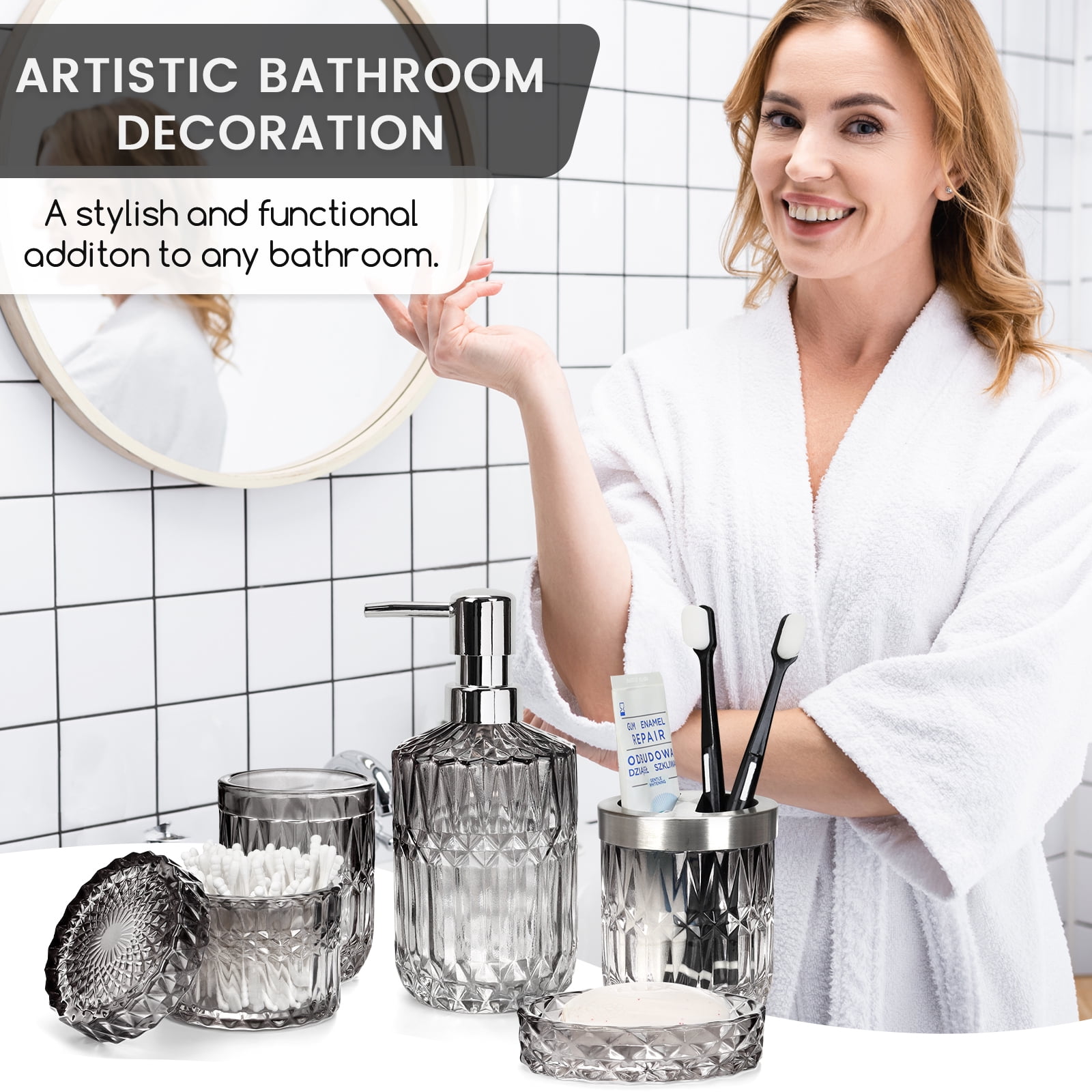Vertical Line Glass Soap Dispenser Set, Rust-Proof Pump, Thickened Modern Bathroom Accessories for Countertop Organization & Stylish Home Decor(Grey)