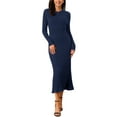 thumbnail image 2 of INSPIRE CHIC Women's Long Sleeve Sweater Dress Crewneck Ribbed Knit Pleated A-Line Midi Dresses S Dark Blue, 2 of 6