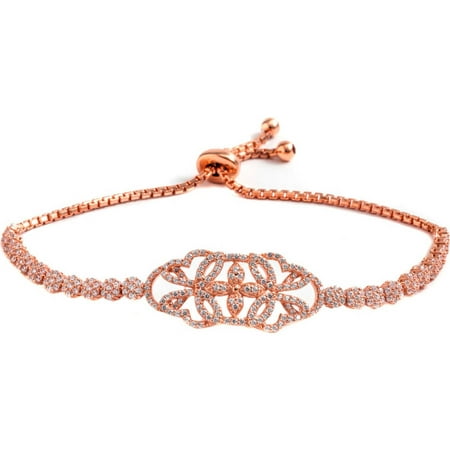 Pori Jewelers CZ 18kt Rose Gold-Plated Sterling Silver Floral Friendship Bolo Adjustable Bracelet