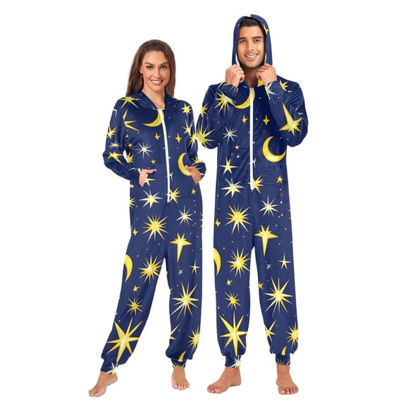 Moons and Stars Pattern Adult onesie Pajamas, Crystal Velvet Ultra Soft Warm Jumpsuit for Men and Women
