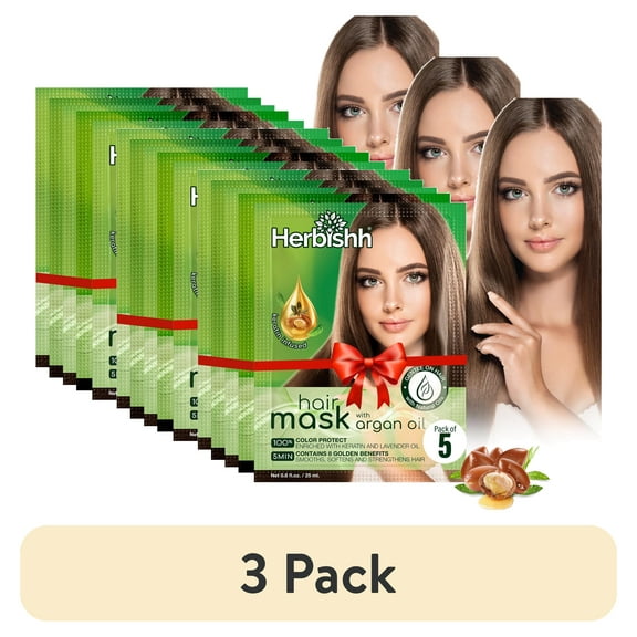(3 pack) Herbishh Argan Hair Mask with Keratin for Deep Conditioning & Hydration, Revives Frizzy & Damaged Hair, Sulfate & Paraben Free, 25 ml