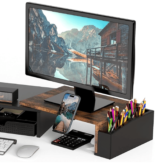 Simple Houseware Desk Dual Monitor Stand Riser with Drawer, Rustic Brown