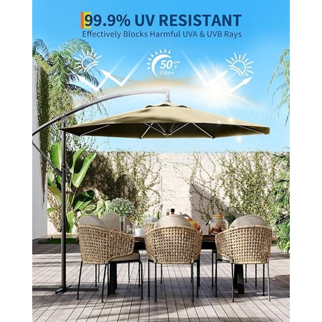 10FT Cantilever Patio Umbrella with Heavy-Duty Cross Base, Outdoor Offset Market Umbrella with Infinite Tilt & Easy Crank Lift – Waterproof, UV-Resistant, Wind-Resistant, Sturdy Aluminum Pole