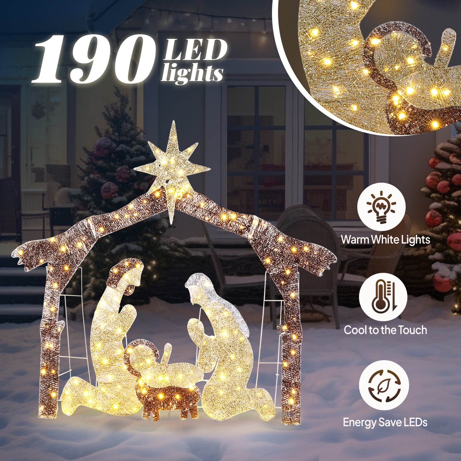 6ft Christmas Nativity Scene Decoration Brown Roof with 190 LED Lights Durable Garden Jesus Mary Joseph Set Easy-Install Reusable Outdoor Holiday Decor