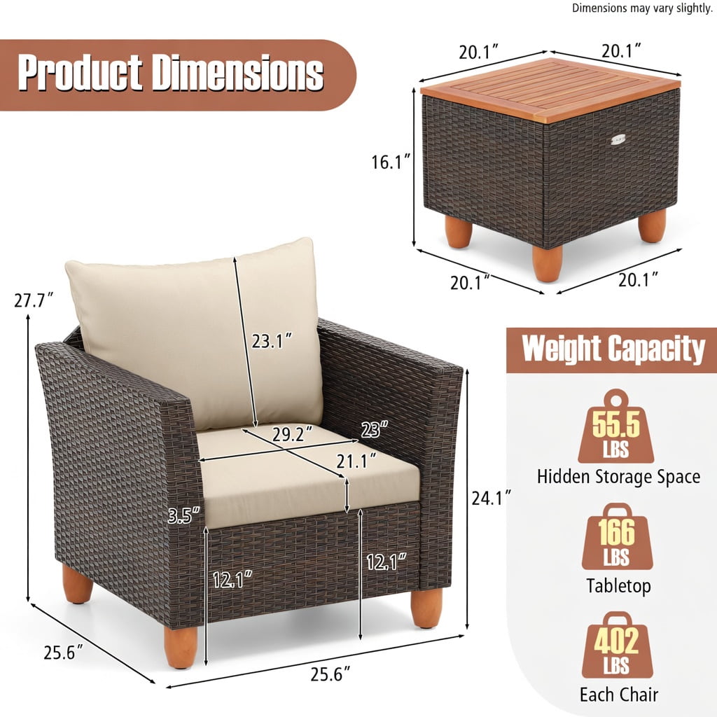 Hommoo 3-Piece Outdoor Rattan Bistro Set with Acacia Wood Table, Steel Frame, Weather-Resistant PE Wicker for Patio, Backyard & Poolside, Brown