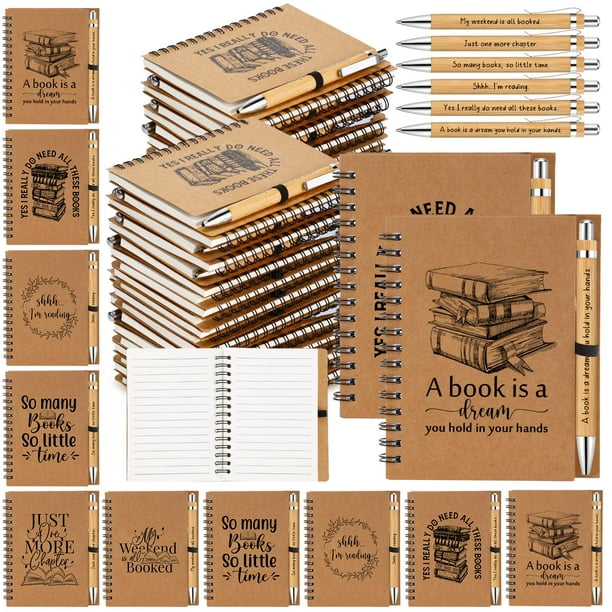 Juego de 30 bolígrafos de bambú y cuaderno en espiral Thenshop, color marrón, 10 x 14 cm