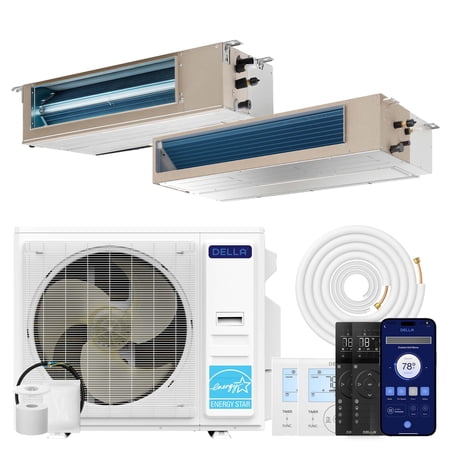 DELLA 34K BTU 2 Zone (11,000+22,000 BTU) Concealed Ducted Mini Split AC, 20 SEER2, Energy Star, 230V Inverter Heat Pump System, Pre-Charged, Work with Alexa and Wifi, 25ft Kit & Thermostat