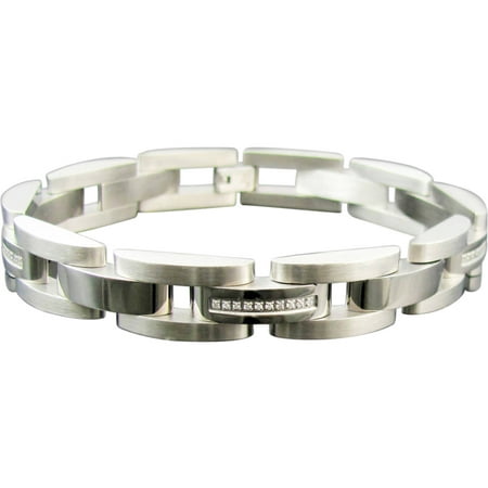Men's Brushed and Polished Stainless Steel Semi-Circle Link CZ Stripe Bracelet, 8.75