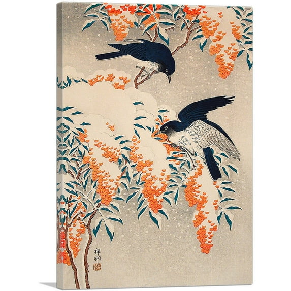 ARTCANVAS Nandina and Flycatchers in Snow Canvas Art Print by Ohara Koson - Size: 26" x 18" (0.75" Deep)
