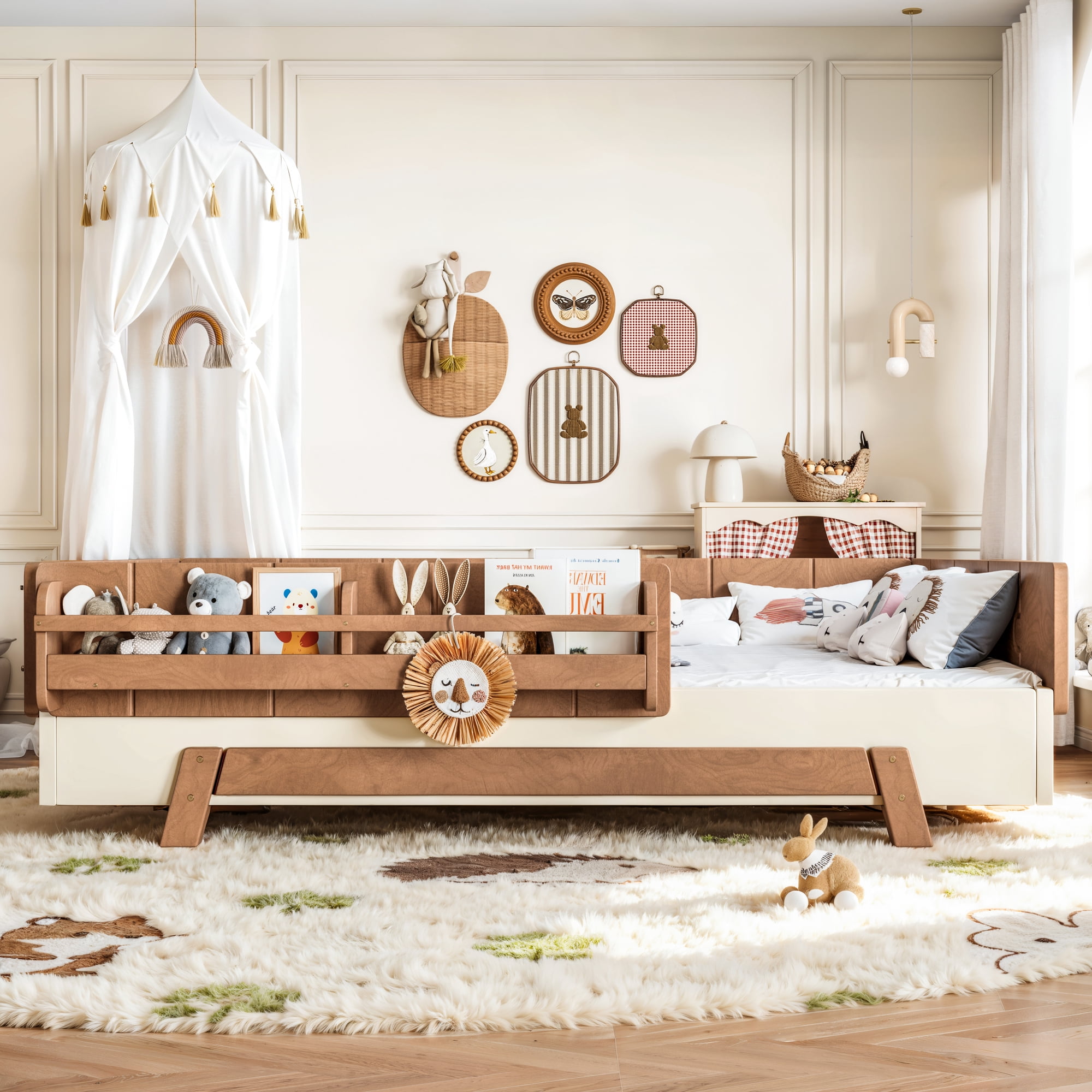 Mintazer Full Size Montessori Floor Bed Frame, Kids Puzzle Block Design Platform Bed with Guardrails & Bookshelf for Bedroom, Brown & Beige