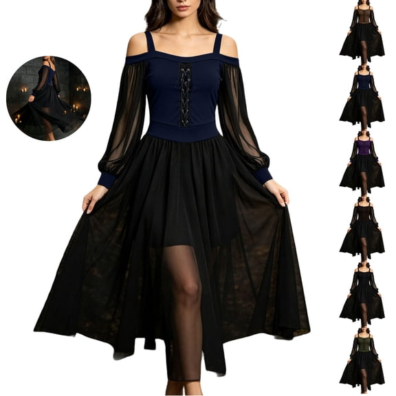 JOANKDMI Women's Gothic Midi Dress Elegant Vampire Costume Cold Shoulder Sheer Long Sleeve Lace-up Corset for Roleplay Halloween Party Outfit Chic, S-3XL