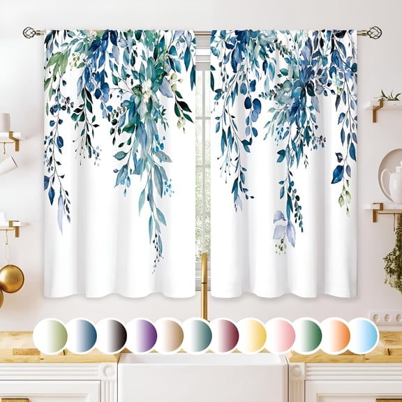 AUQ 2026 New Teal Eucalyptus Botanical Leaves Floral Small Kitchen Curtains Blue Flower Window Treatment Wildflower Plant Cafe Short Window Curtains for Bathroom Room Tier Treatment Drapes 27.5X39"