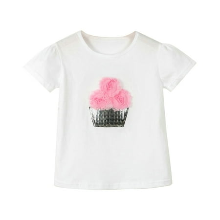 

Little Girls Party Dailywear T-Shirts Solid Color O-Neck Short Sleeve Basic Sequin Pot Outfit White School Sport Athletic Skater Fit Tshirts