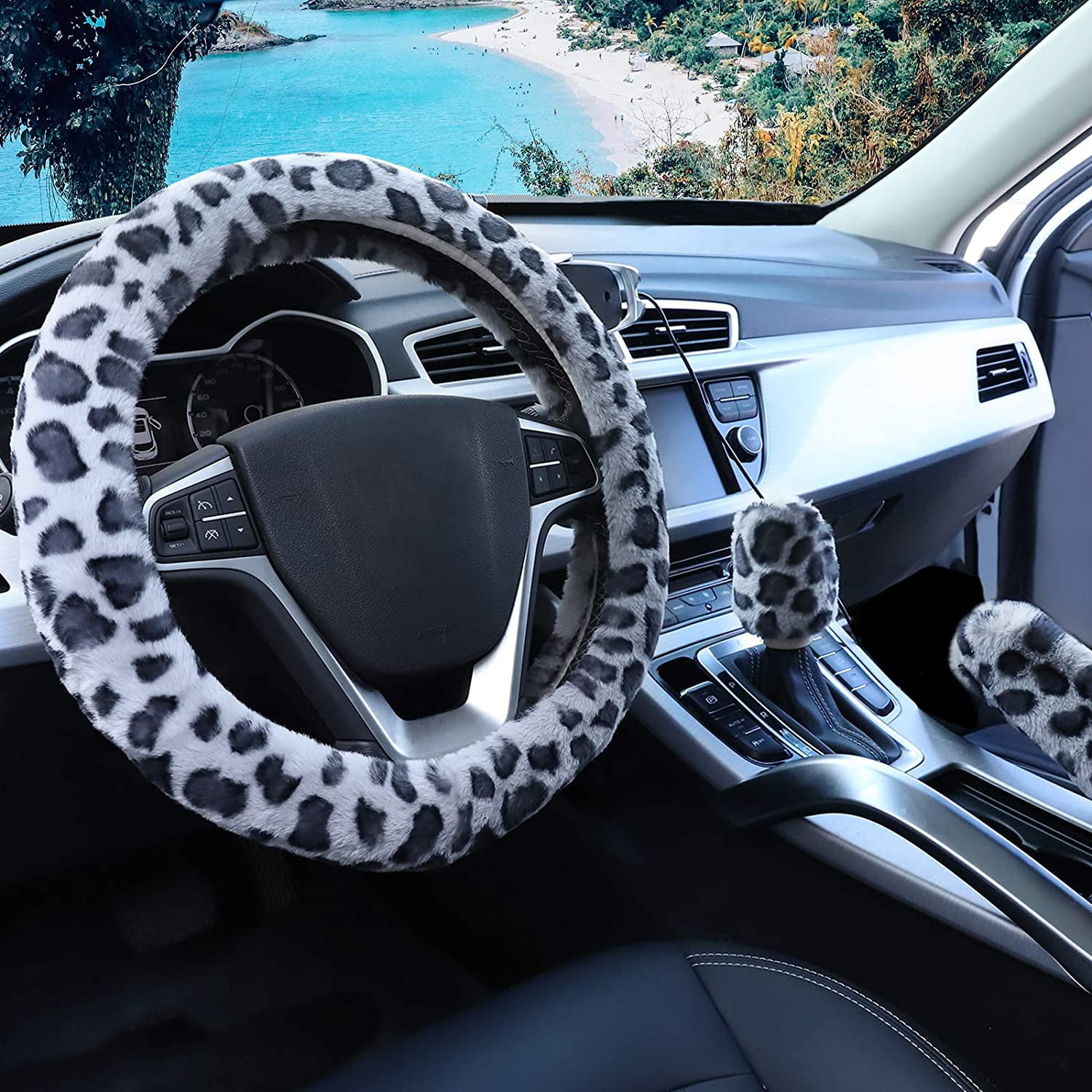 Cleana Arts Universal 3 in 1 Steering Wheel Cover 15 Handbrake Cover Gear Shift Cover Winter Warm Faux Wool 