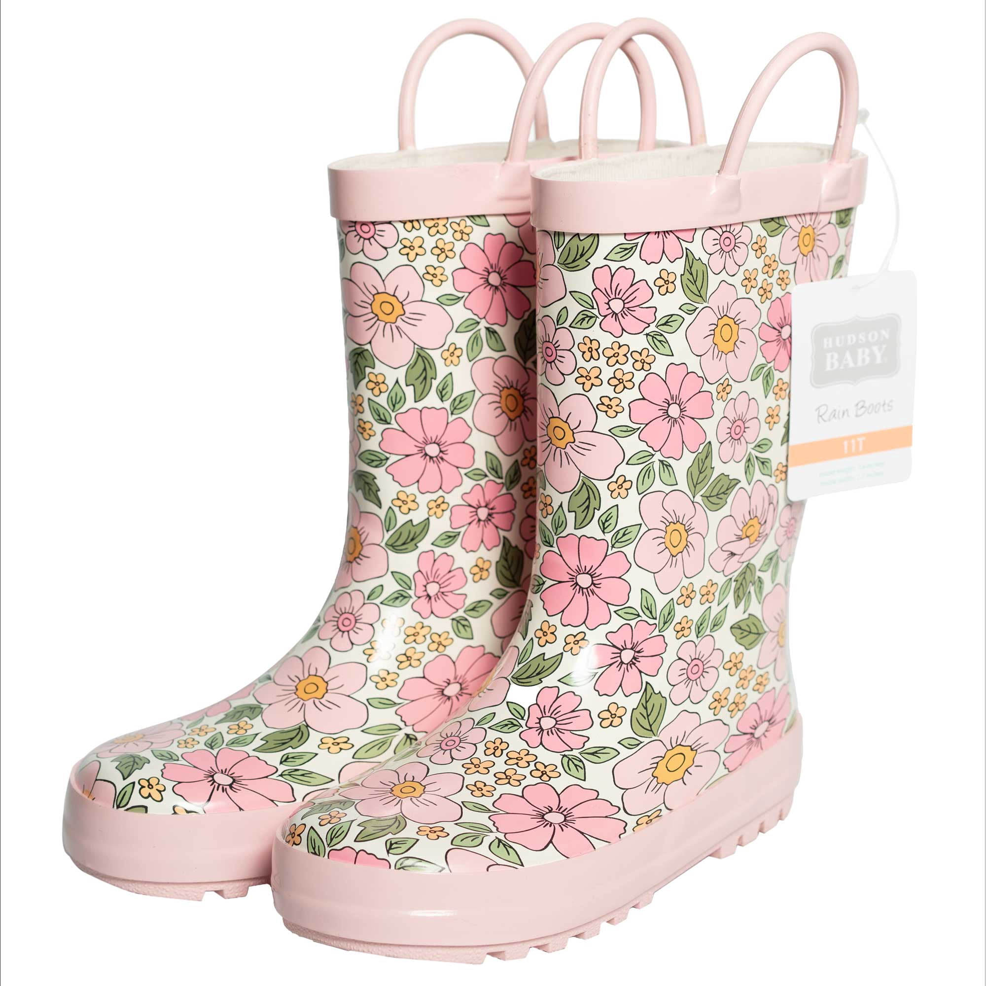 Hudson Baby Girl Rain Boots, Pink Yellow Pretty Floral, 12 Toddler