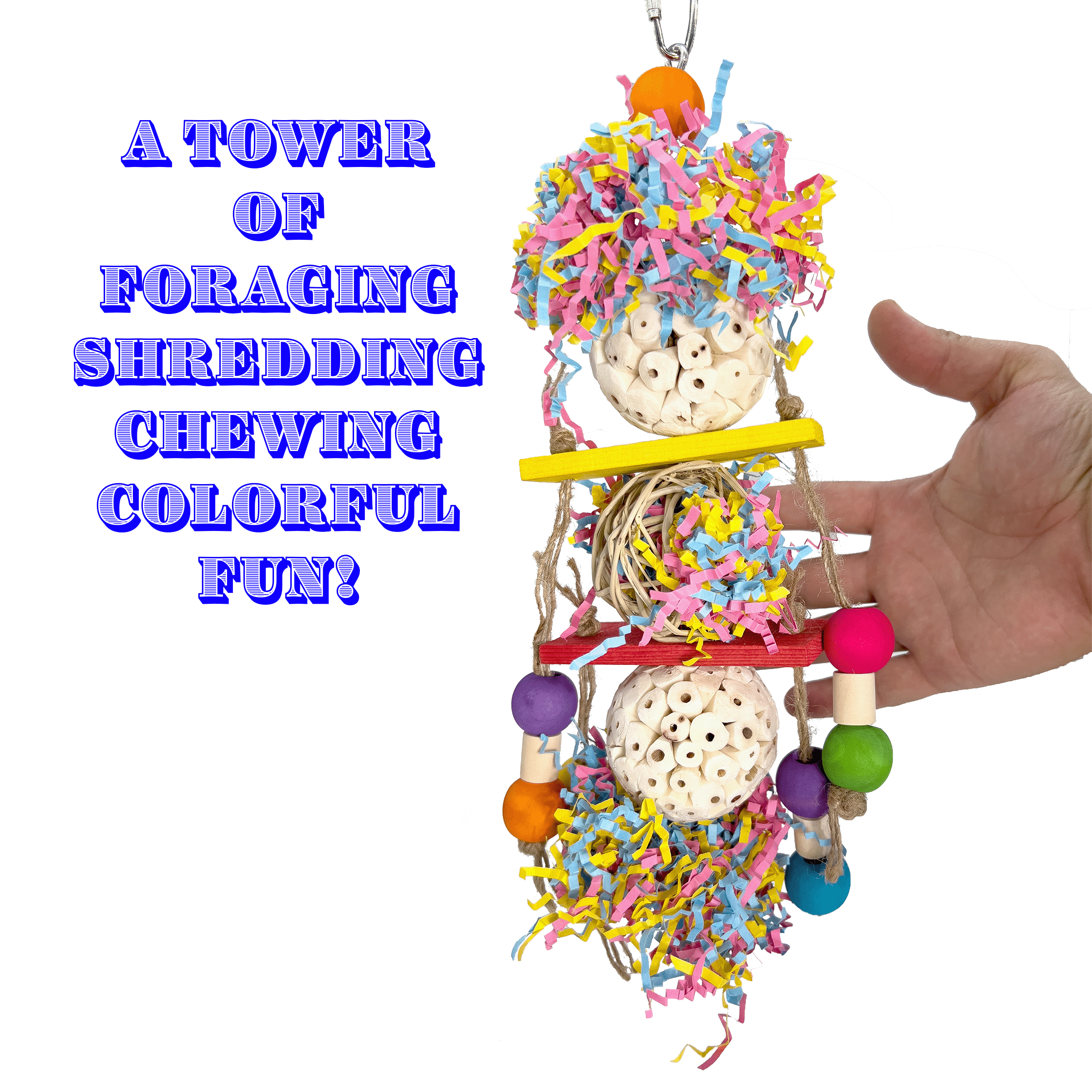 1106 Sola Shred Tower Mandarin Bird Toys by M&M - Colorful Beak & Feet Foraging Party