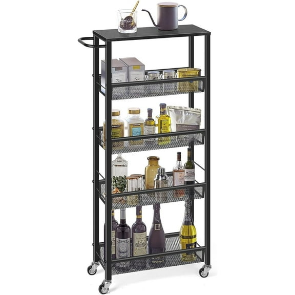 Slim Storage Cart, 5 Tier Kitchen Rolling Carts with Wheels, Metal Narrow Cart Utility Cart Mobile Shelving Unit for Bathroom Organizer Kitchen Office Laundry Room, Black