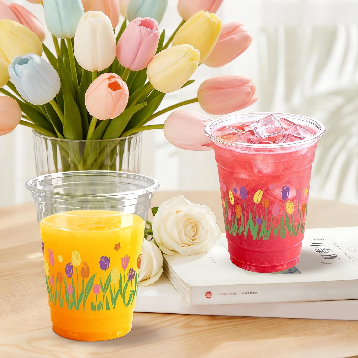 100 Pcs Tulip Floral Plastic Cups 12 oz Easter Floral Drinking Cup Flower Spring Summer Disposable Cold Beverage Cup for Spring Birthday Wedding Baby Shower Party Supplies