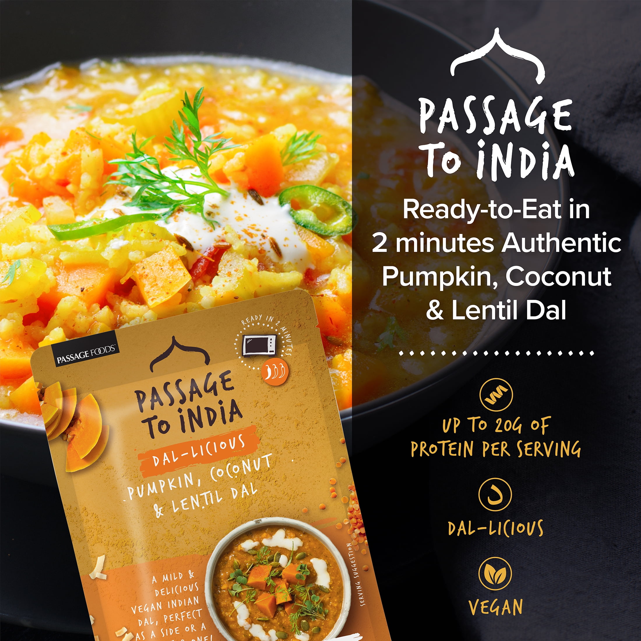 (3 pack) Passage to India Coconut, Pumpkin, and Lentil Dal 9.8 oz, Authentic Flavor by Passage Foods, Serves 4