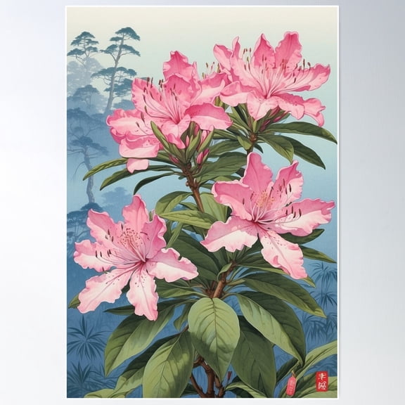 Rhododendron Indicum, Japanese Woodblock Style Poster Wall Art, Modern Wall Decor For Living Room Bedroom, 8x12 UNFRAMED