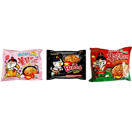 3 Packs Samyang Korean Artifical Spicy Chicken Stir Fried Ramen Roasted Noodles 3 Different Flavors (Carbonara,Original,kimichi) Plus NineChef Brand Long Handle Coffee Spoon