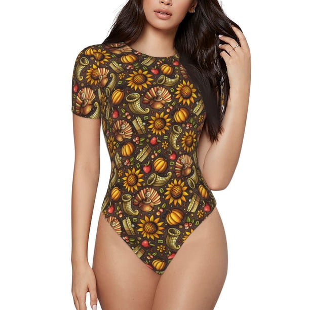Fotbe Chrysanthemum turkey Body de Mujer con Cuello Redondo y Mangas Cortas, Sin Mangas Ajustado, Suave, Cómodo y Básico-X-Large