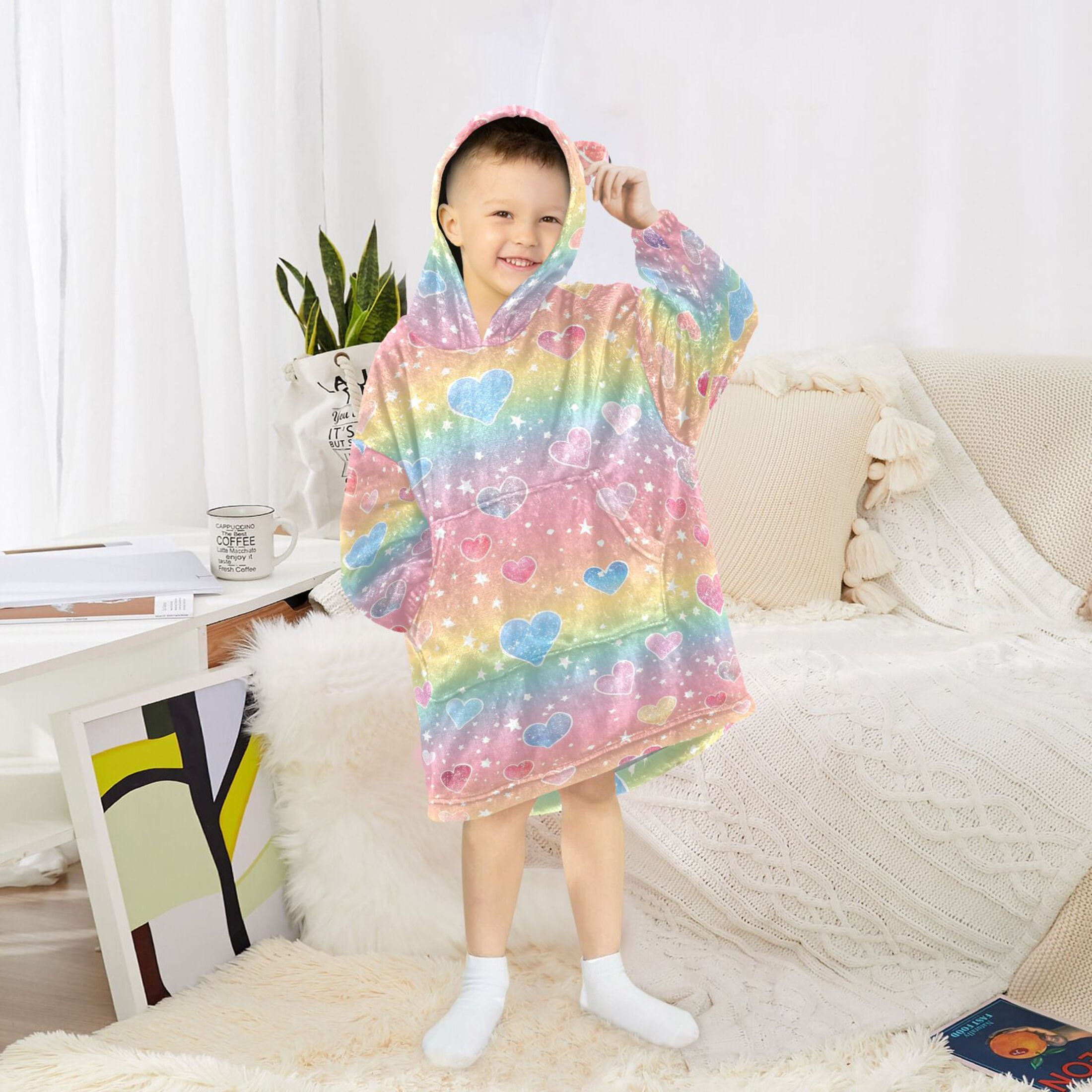 Dailycode Wearable Blanket Hoodie Oversized Sherpa Flannel Blankets with Pocket for 3-14 Year Old Rainbow Hearts