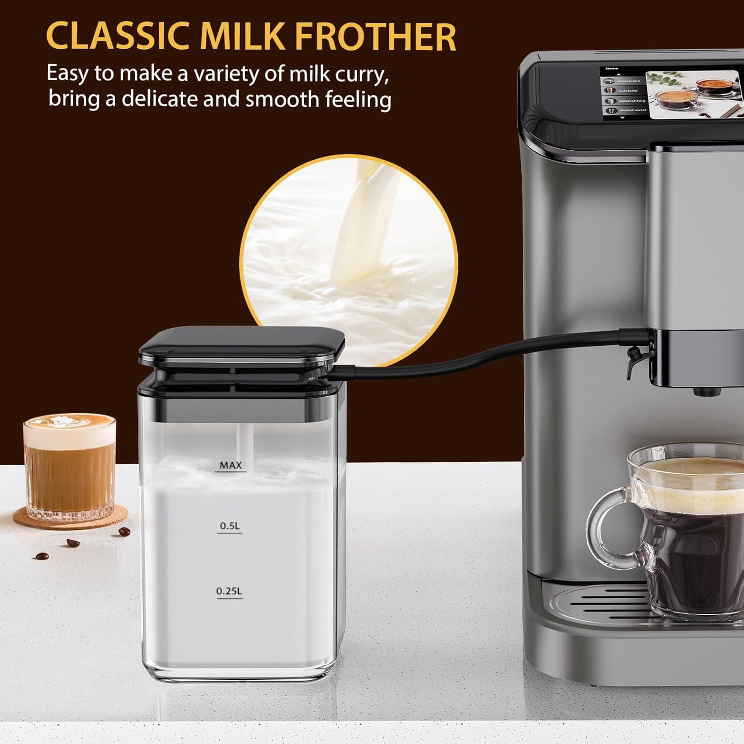 AOILE 20-Bar Dual Boiler Espresso Machine, Self-Cleaning Coffee Maker with Grinder & LCD Touch Panel