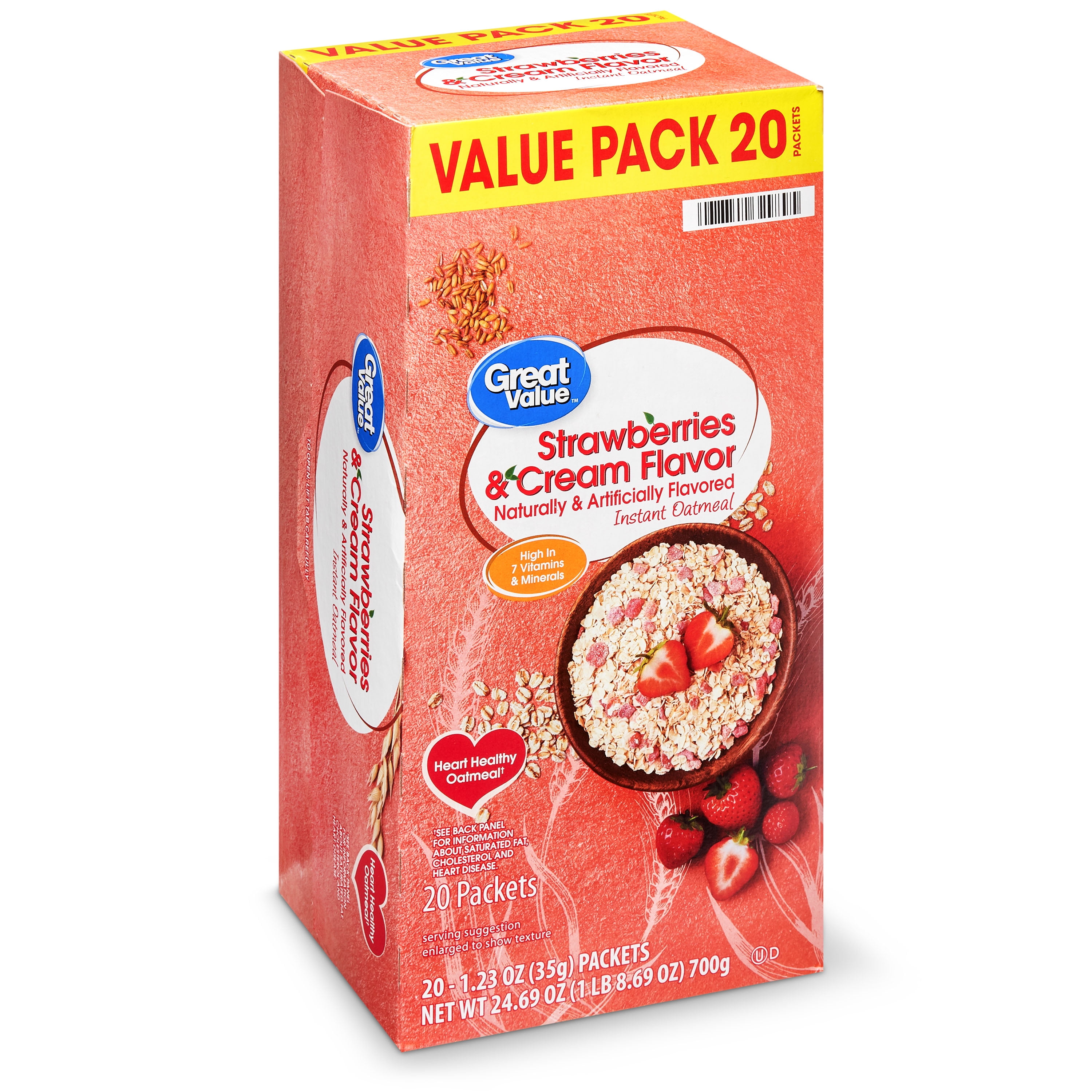 Great Value Instant Oatmeal, Strawberries & Cream Value Pack, 20