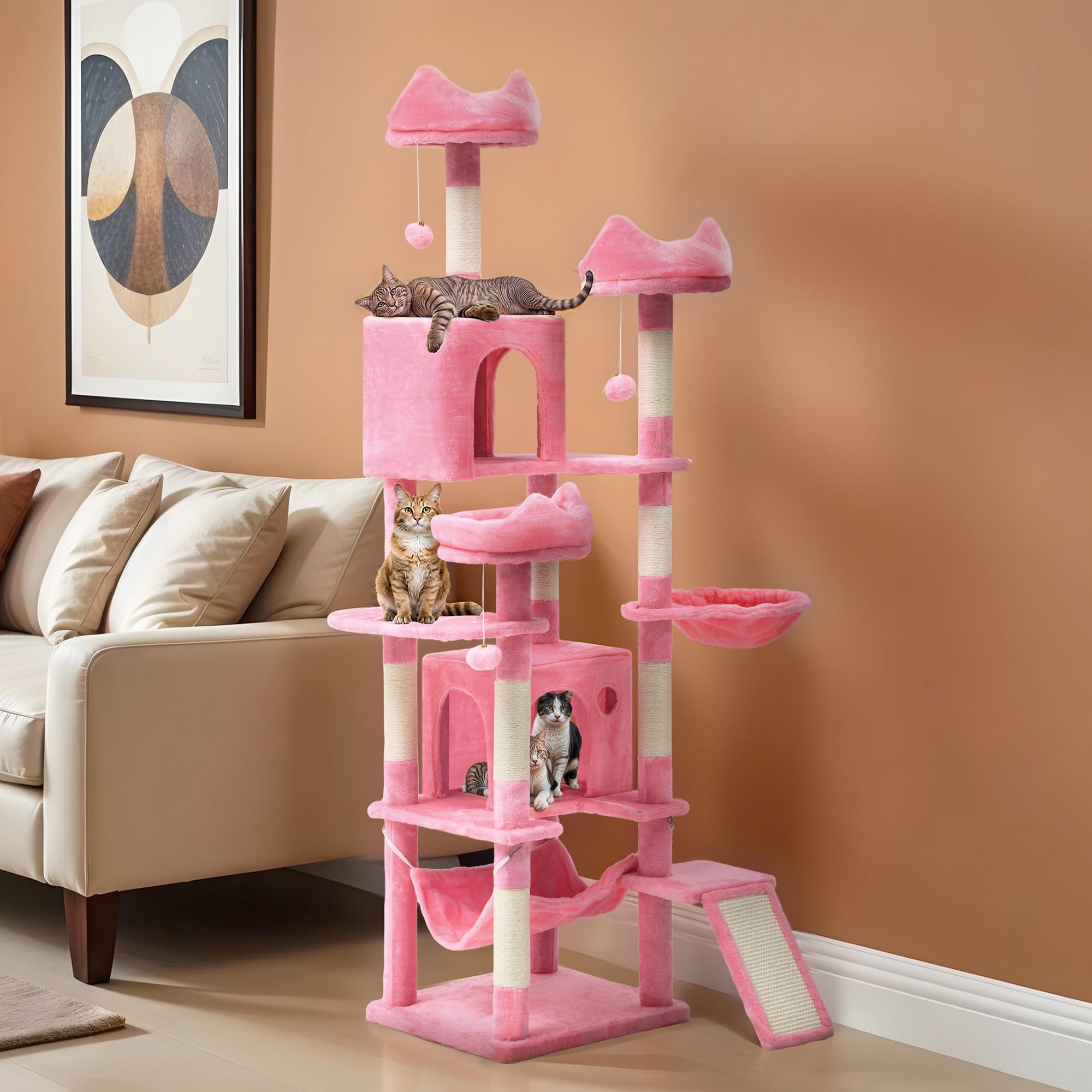 Uforic 75" Tall Cat Tree, Multi-Level Cat Tower with Condos, Hammocks, Scratching Posts, Pink