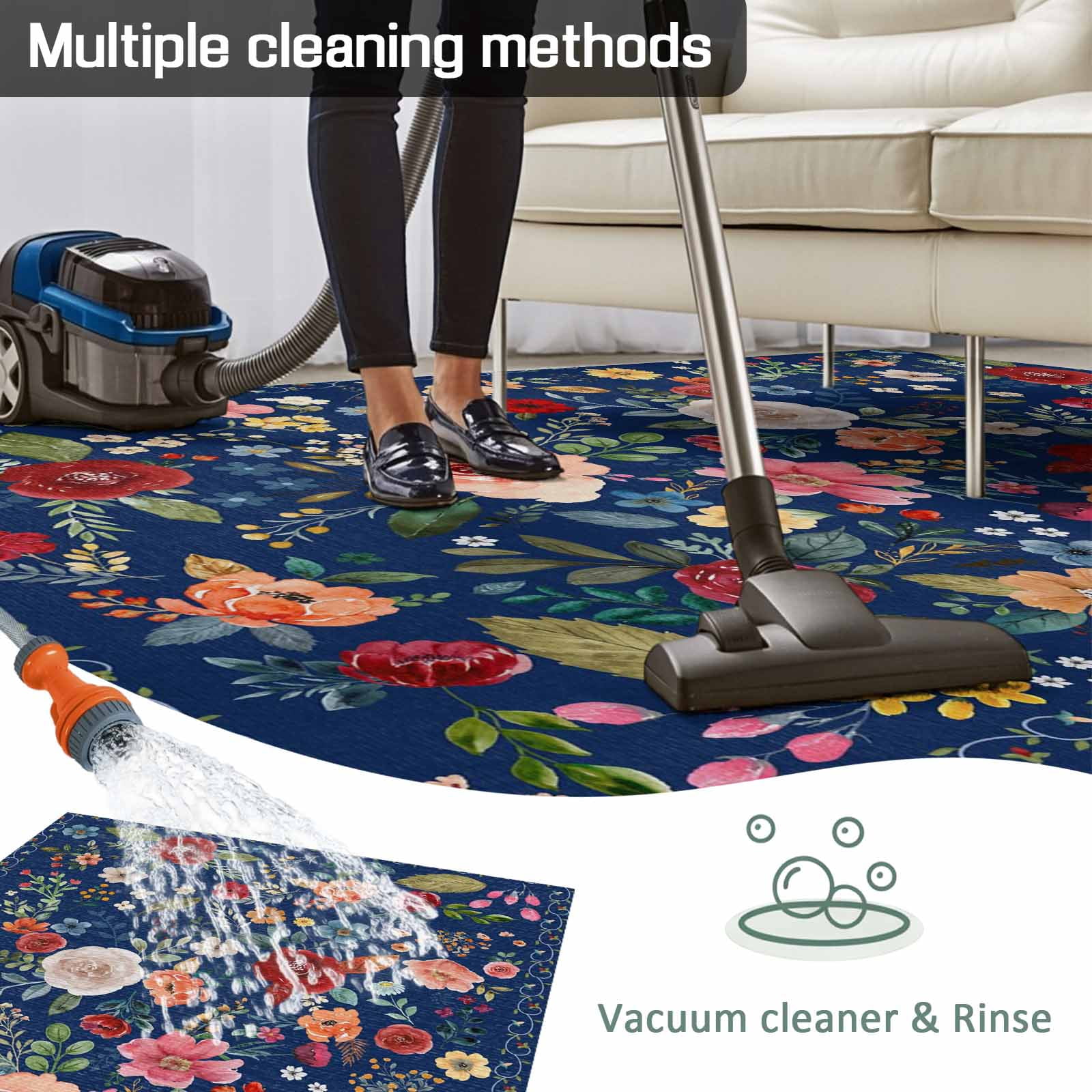 Navy Blue Flowers Outdoor Rug for Patio/Deck/Porch, Non-Slip Large Area Rug 3 x 5 Ft, Spring Vintage Floral Leaves Farmhouse Indoor Outdoor Rugs Washable Area Rugs, Camping Rug Carpet Runner