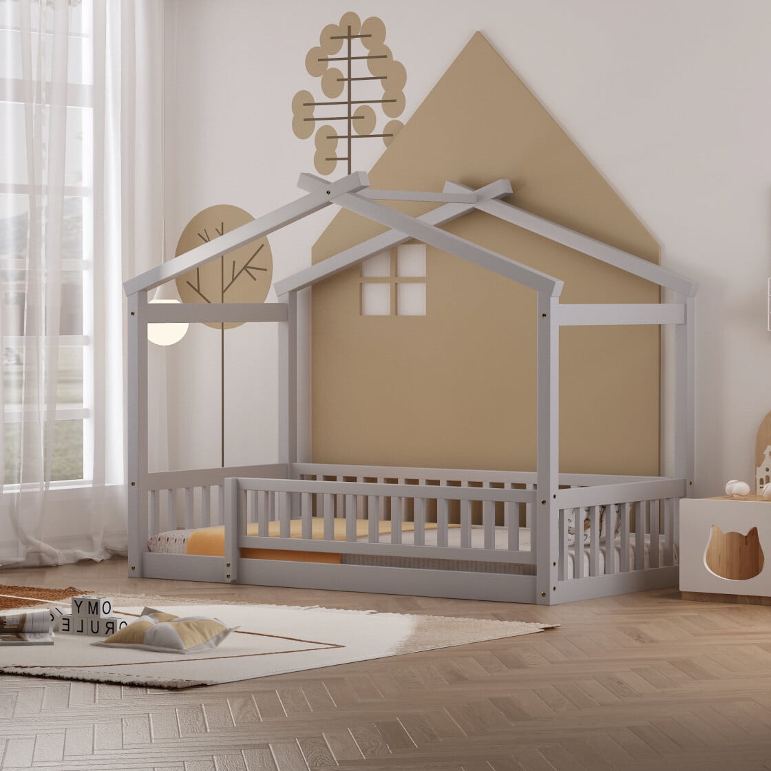 Twin Size House Floor Bed with Roof, Wooden Montessori Floor Bed Frame with Safety Fence and Wooden Slats, Montessori House Floor Bed for Boys and Girls, Gray