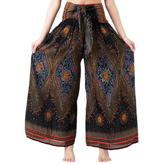 Seyurigaoka Women's Boho Palazzo Wide Leg Lounge Pants, Solid Color/ Print Patterns High Waist Tie-Up Long Loose Pants