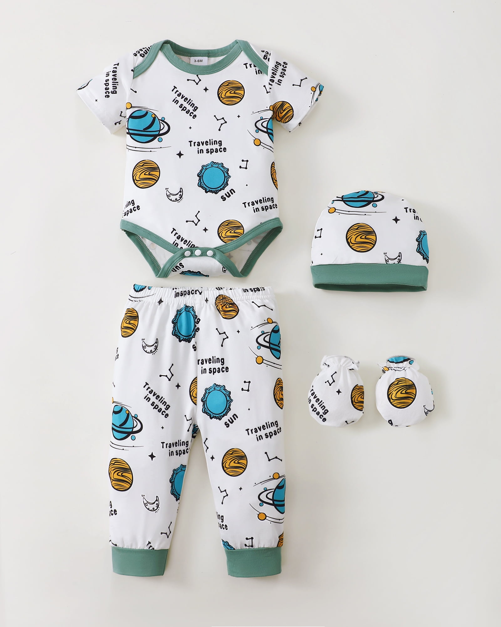 KIMI BEAR Newborn Baby Boys Layette Essentials 9-12 Months Romper Pants Gift Sets 4 Packs Short Sleeves Bodysuit Tops Pants Set with Hats and Gloves 16pcs Outfits Green