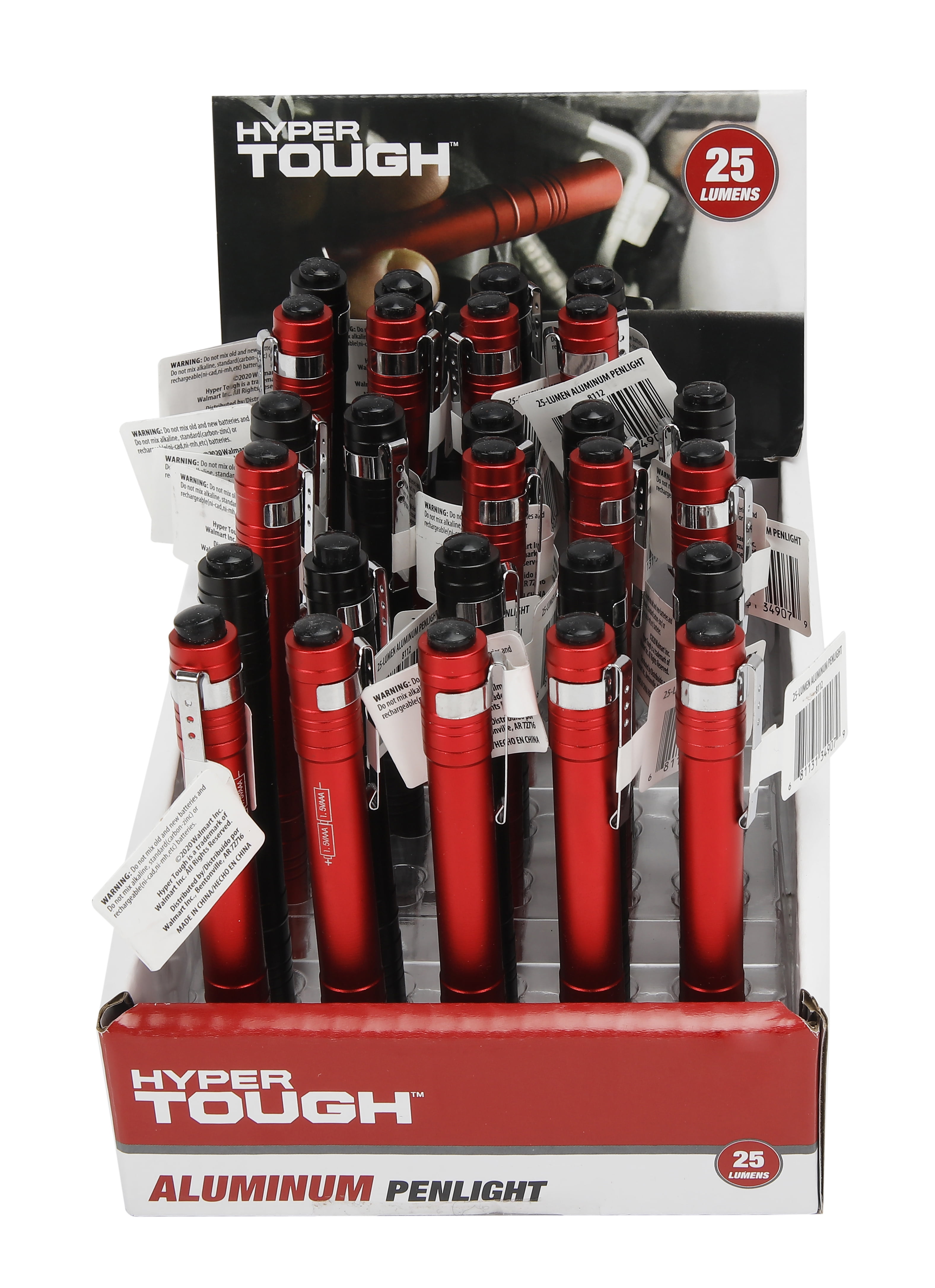 Hyper Tough Aluminum Pen Flashlight with Clip, LED, Black or Red