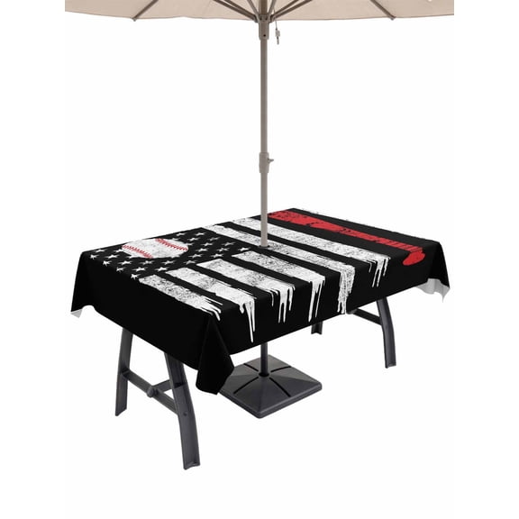 Outdoor Tablecloth with Umbrella Hole and Zipper, American Flag Rectangle Table Cloth 60x102 Inch Waterproof Tablecloth, US Flag Baseball Stars Vintage Black Picnic Table Cover for Patio Camping