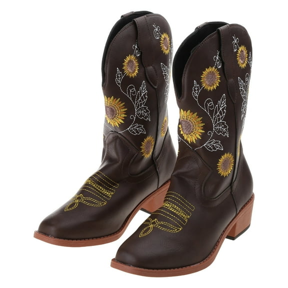Huhudde Women's Sunflower Embroidered Cowboy Cowgirl Boots Western Square Toe Boots