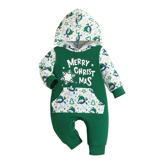 Generic Walmart Deals Holiday Dresses for Girls Baby Girl Romper Long Sleeve Hooded Santa Letter Print Pocket Crawl Suit Romper Jumpsuit Clothes for Casual Breathable Outfits(9-12 Months,Green)