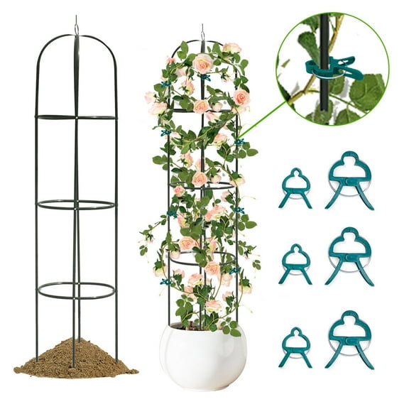 Heyfurni 6.3 Ft Obelisk Garden Trellis with 20pcs Clips, Plant Clips Green Metal Plant Support for Climbing Vines & Flowers