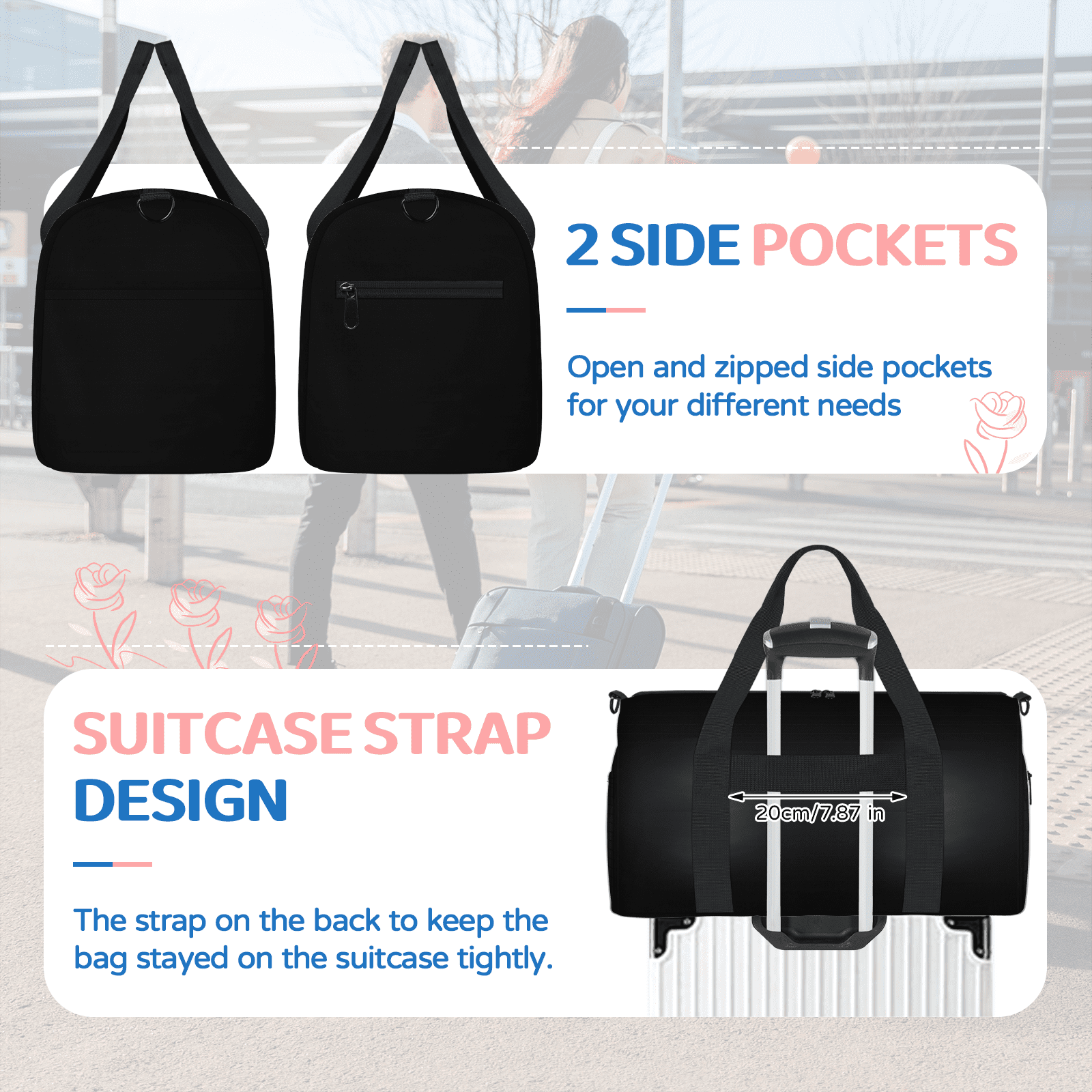 Herdesigns Black Travel Duffle Bag Sports Yoga Weekender Overnight Carry on Workout Bags Lightweight Waterproof Gym Tote Bag for Women