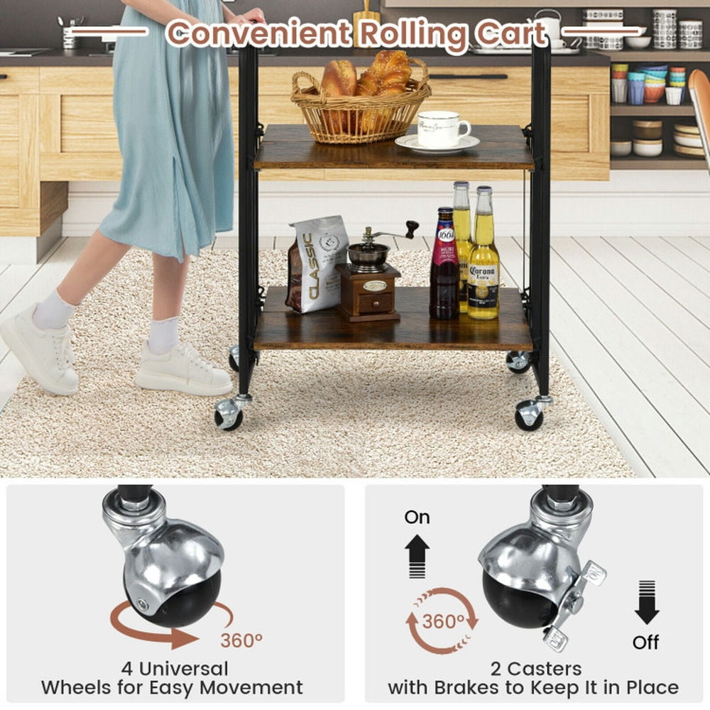 Finihen Rolling Cart, Kitchen Island Cart, Folding Rolling Cart with Metal Frame-2-Tier, for Kitchen, Dining Room, Rustic brown Finihen Rolling Cart, Kitchen Island Cart, Folding Rolling Cart with Metal Frame-2-Tier, for Kitchen, Dining Room, Rustic brown