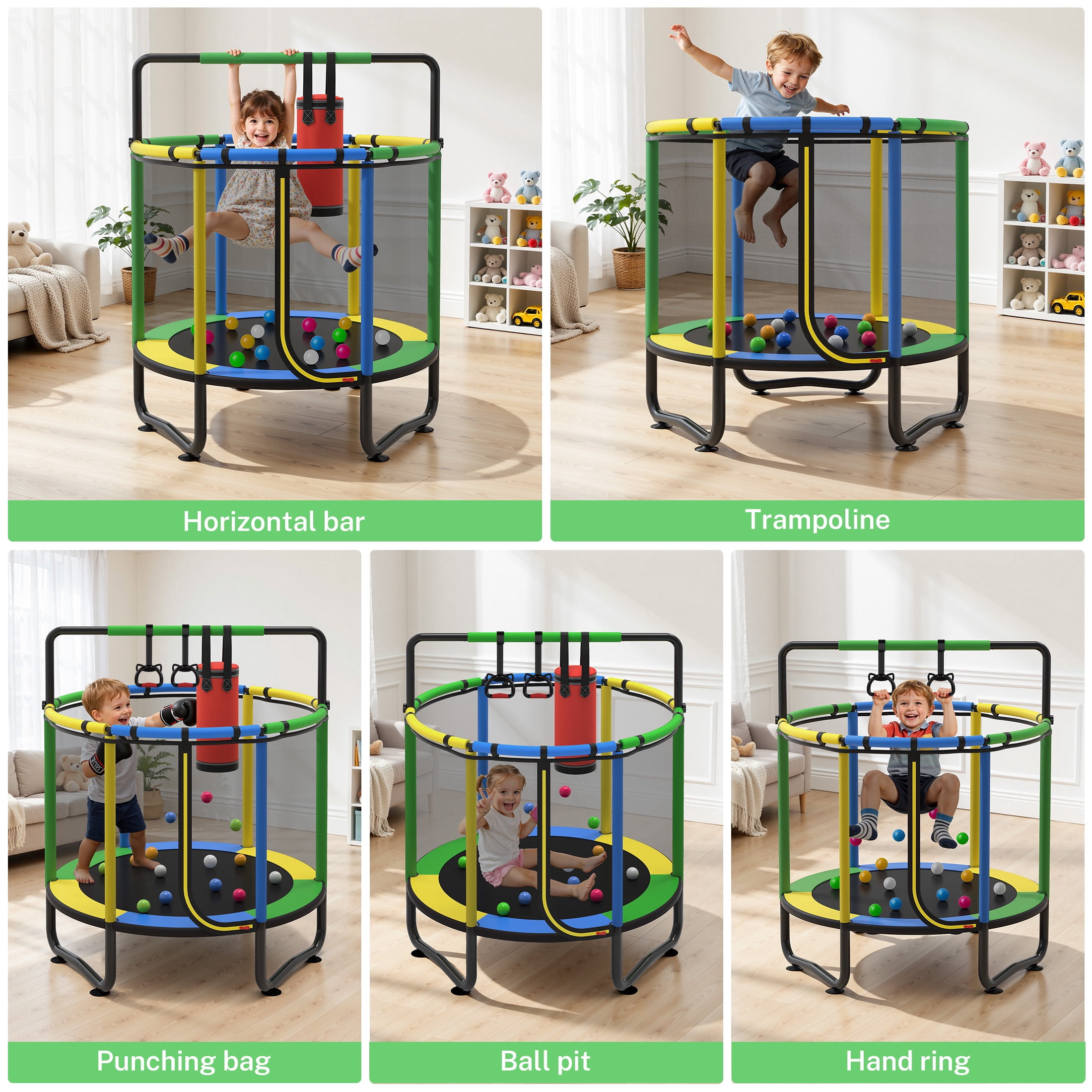 55" Toddler Trampoline, Activity Center with Gym Bar, Punching Bag, Rings, Ball Pit, Kids Trampoline, Indoor Toddler Play Gym, Mini Trampoline for Ages 3–6, 110lbs Weight Capacity, Green
