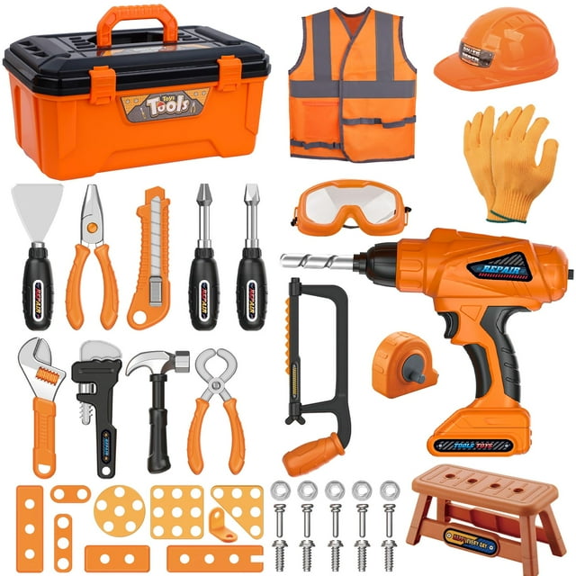 Juego de herramientas para niños Magic4U de 50 piezas con taladro electrónico y equipo de seguridad