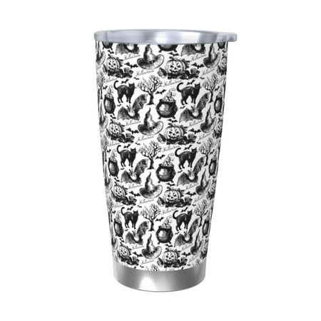 

Qekee Black White Halloween Print 20OZ Car Cup Stainless Steel Vacuum Insulated Tumbler Tumbler Cup With Lid And Straw Travel Coffee Mug-Without Straw