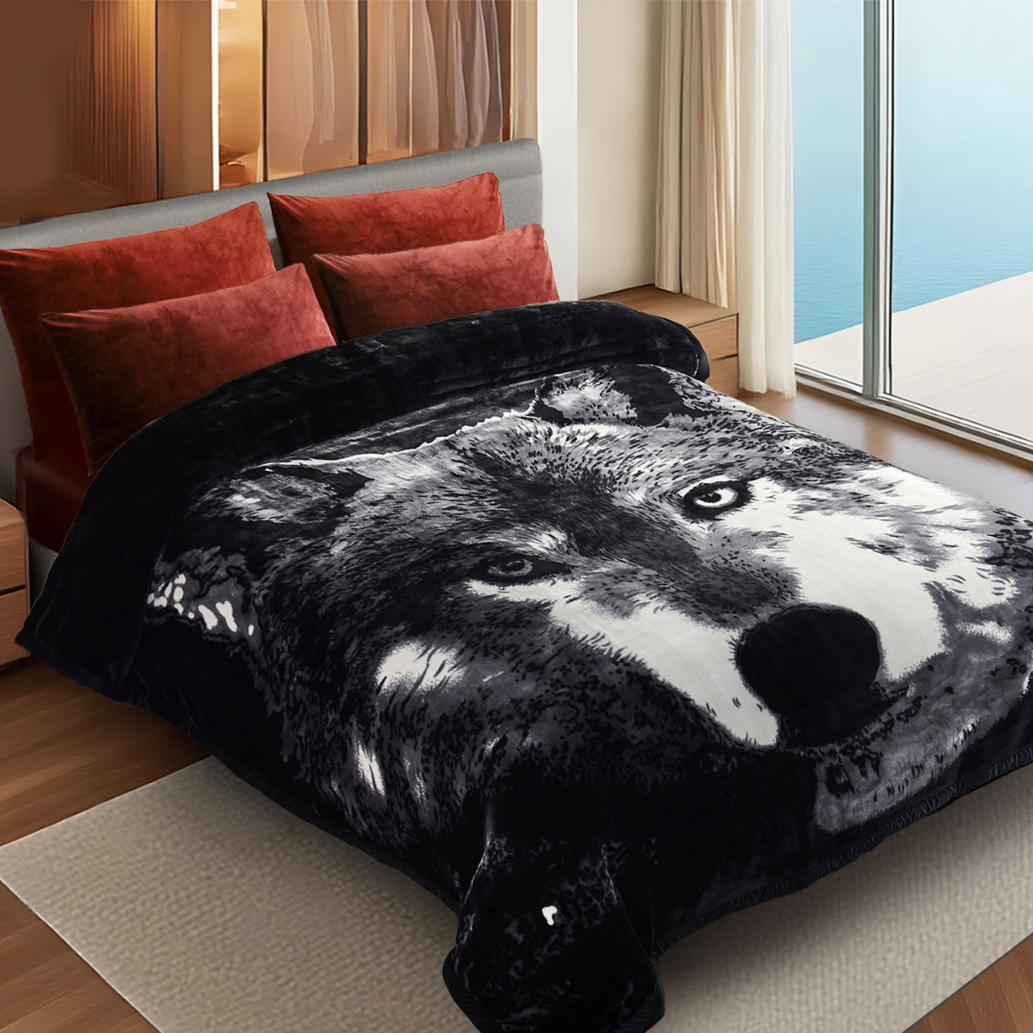10lbs Heavy Thick A&B Pattern Blanket 2Ply Reversible - Thick Warm Plush Korean Style Bed Blanket, King Size Fleece Plush Blanket, Soft Winter Blanket For Adult 87" x 95", Wolf/Wolf