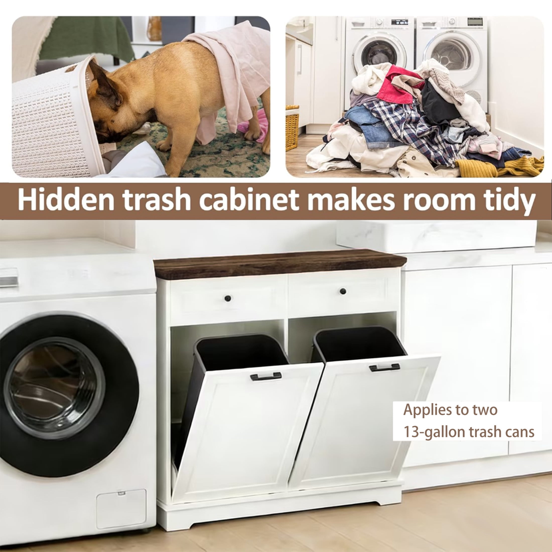 Noble House Double Tilt Out Trash Cabinet, 20 Gallon Freestanding Garbage Bin Holder with Drawer, Antique Brown & White
